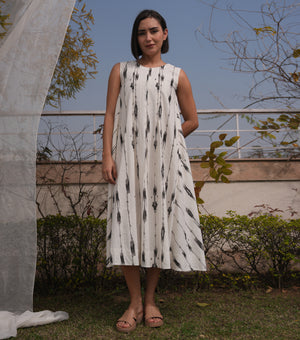 White Printed Cotton Sleeveless Midi Dress