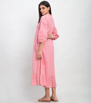 Pink Cotton Printed Midi Dress with Fray Patch & Embroidery On Yoke