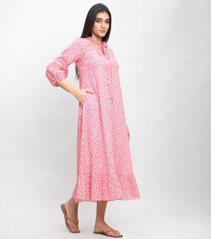 Pink Cotton Printed Midi Dress with Fray Patch & Embroidery On Yoke