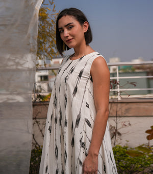 White Printed Cotton Sleeveless Midi Dress