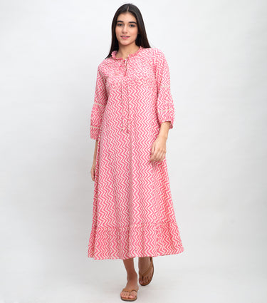 Pink Cotton Printed Midi Dress with Fray Patch & Embroidery On Yoke