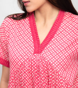 Printed Mini Dress with Pleats On Neck & Cuff Sleeve