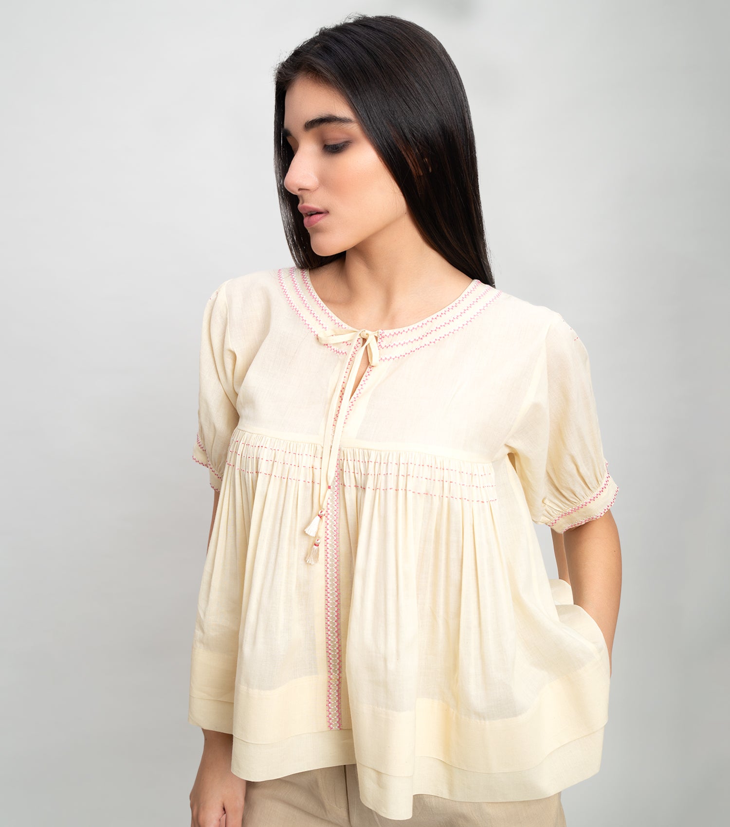 Ecru Gather Top with Thread Embroidery & Tassel