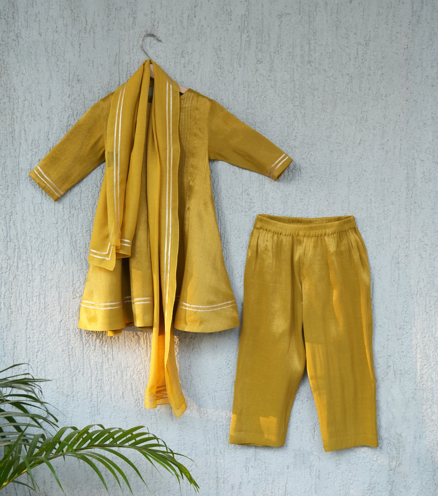 Mustard Pleated Tissue A-line Gota Kurta Set with Pants & Dupatta for Girls