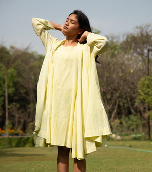 Lemon Yellow Striped Woven Cotton Overlay & Dress
