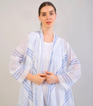 White & Blue Striped Woven Cotton Overlay & Dress