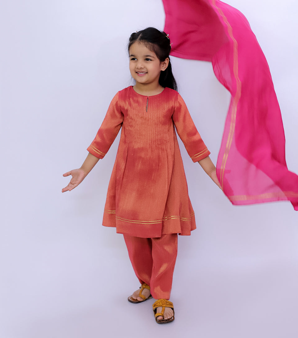 Coral Pleated Tissue A-line Gota Kurta Set with Pants & Dupatta for Girls