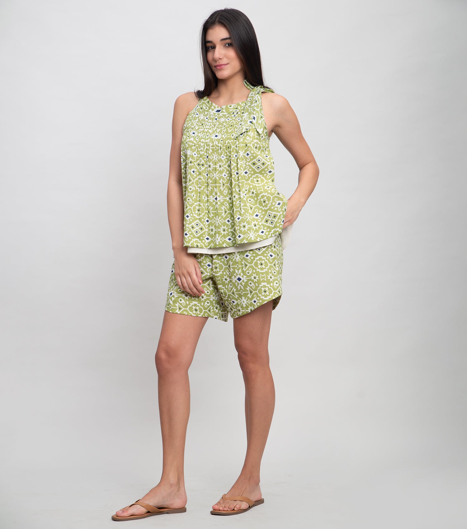 Green Cotton Printed Shorts