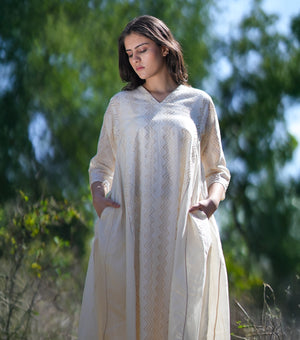Natural and Gold Woven Cotton A-line Dress