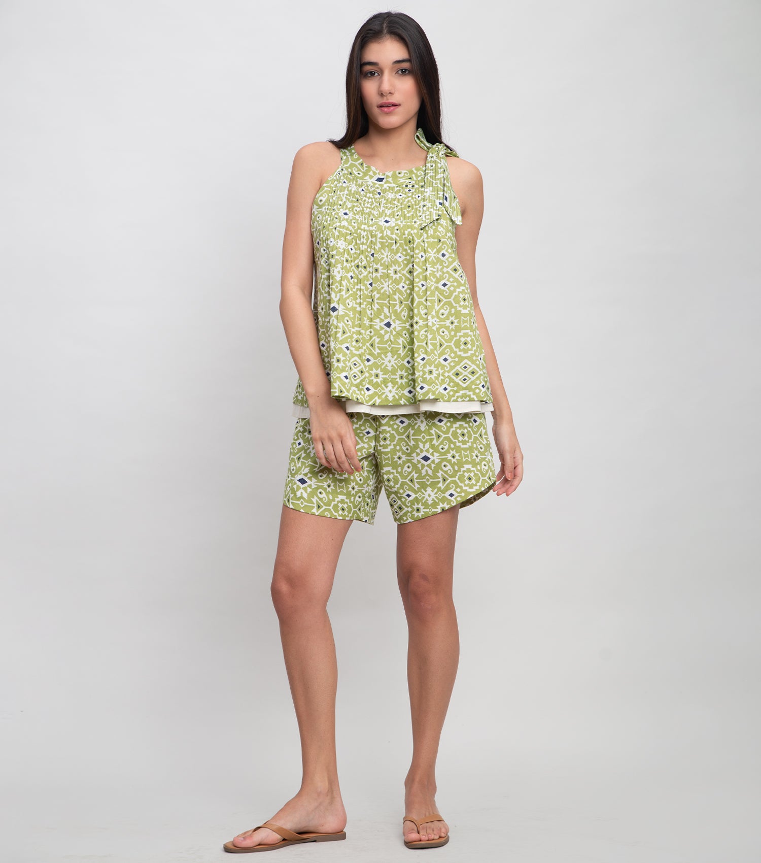 Green Cotton Printed Shorts