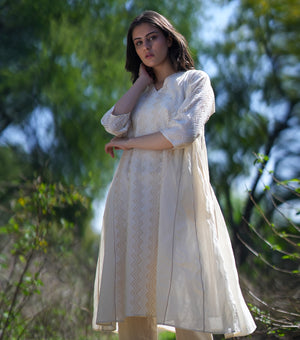 Natural and Gold Woven Cotton A-line Dress