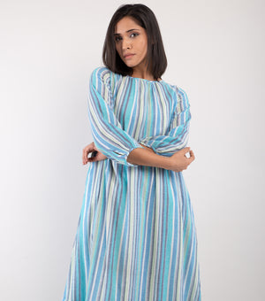 Blue Striped Woven Cotton Dress