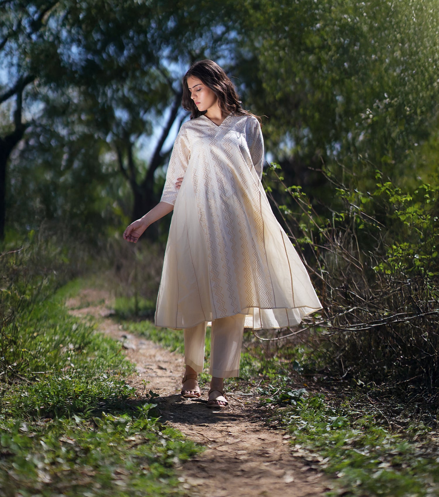 Natural and Gold Woven Cotton A-line Dress