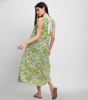 Green Cotton Printed Midi Dress with Pintucks & Band Neckline
