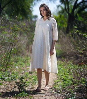Natural and Gold Woven Cotton A-line Dress