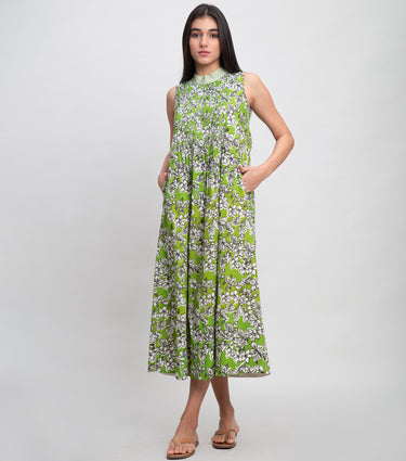 Green Cotton Printed Midi Dress with Pintucks & Band Neckline