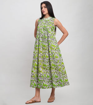 Green Cotton Printed Midi Dress with Pintucks & Band Neckline