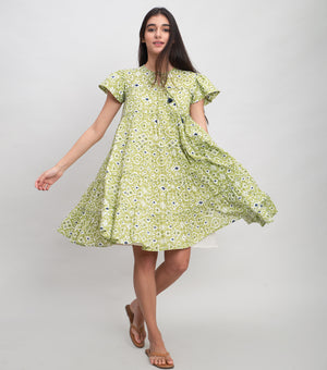 Green Cotton Printed Mini Tier Dress with Tassel & Stitch Line
