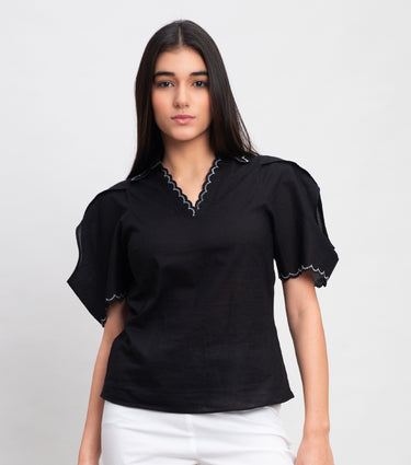 Black Cotton Top With Scallop Embroidery