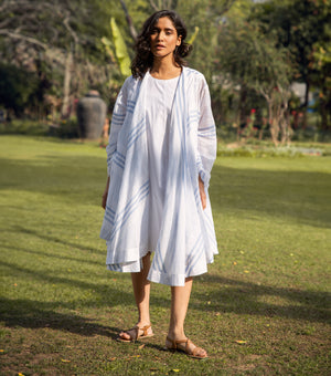 White & Blue Striped Woven Cotton Overlay & Dress