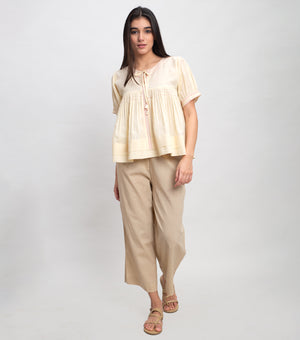 Ecru Gather Top with Thread Embroidery & Tassel