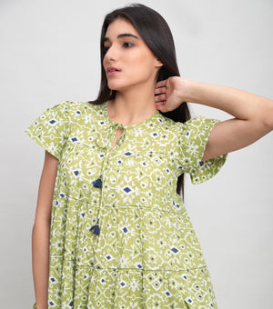 Green Cotton Printed Mini Tier Dress with Tassel & Stitch Line