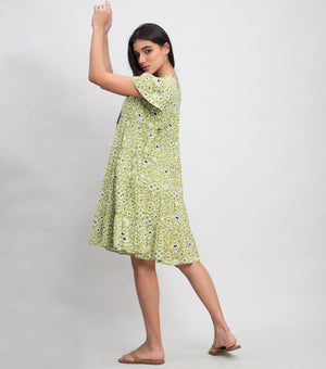 Green Cotton Printed Mini Tier Dress with Tassel & Stitch Line