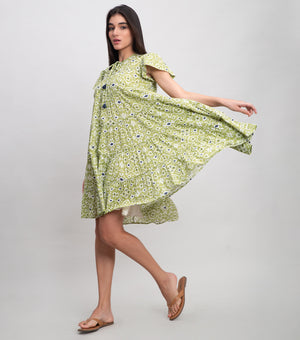 Green Cotton Printed Mini Tier Dress with Tassel & Stitch Line