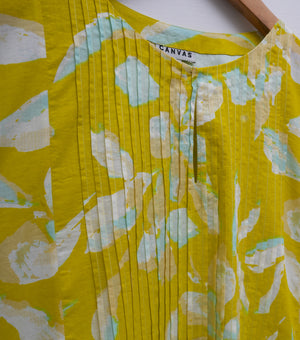 Yellow Printed Cotton Pintucked Midi Dress