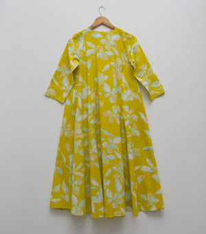 Yellow Printed Cotton Pintucked Midi Dress