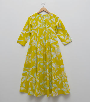 Yellow Printed Cotton Pintucked Midi Dress