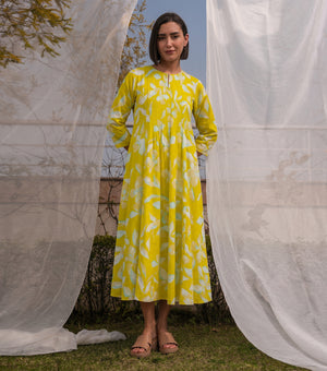 Yellow Printed Cotton Pintucked Midi Dress