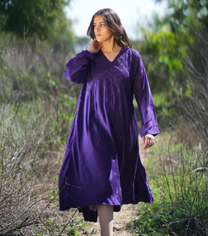 Purple Printed Cotton Silk Dress