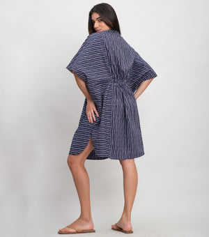 Navy Cotton Printed Coverup with Elastic & Lace Detailing
