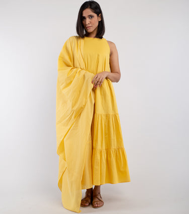 Yellow cotton tiered kurta