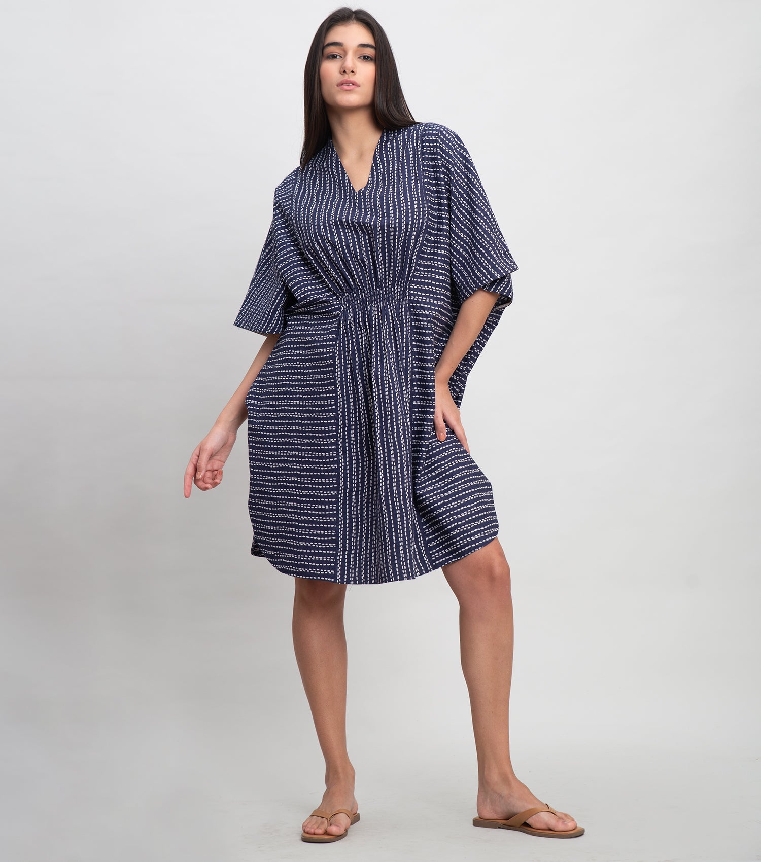 Navy Cotton Printed Coverup with Elastication & Lace Detail