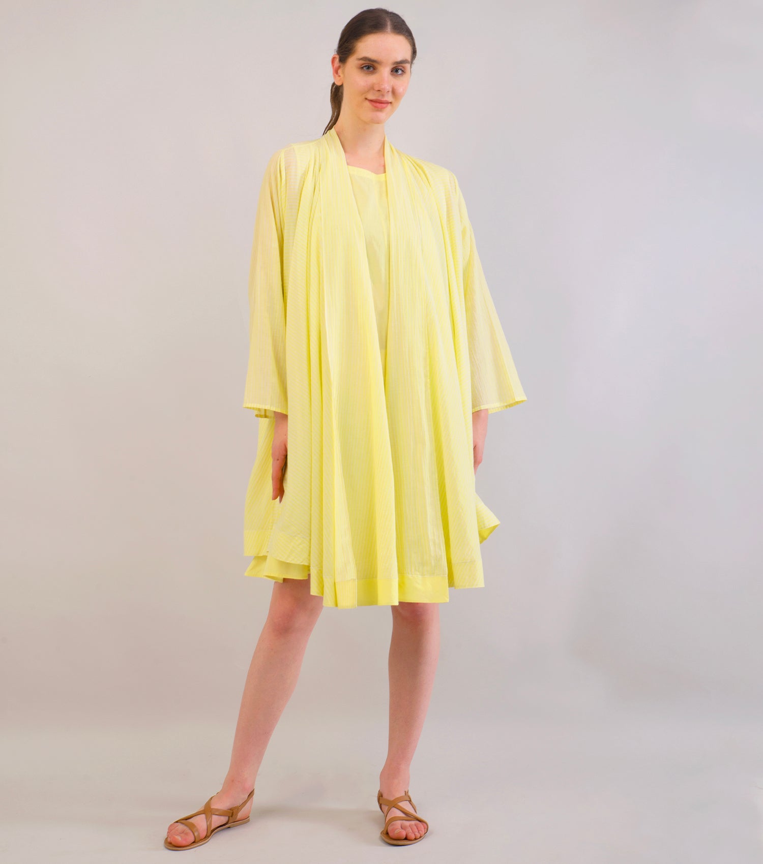 Lemon Yellow Striped Woven Cotton Overlay & Dress