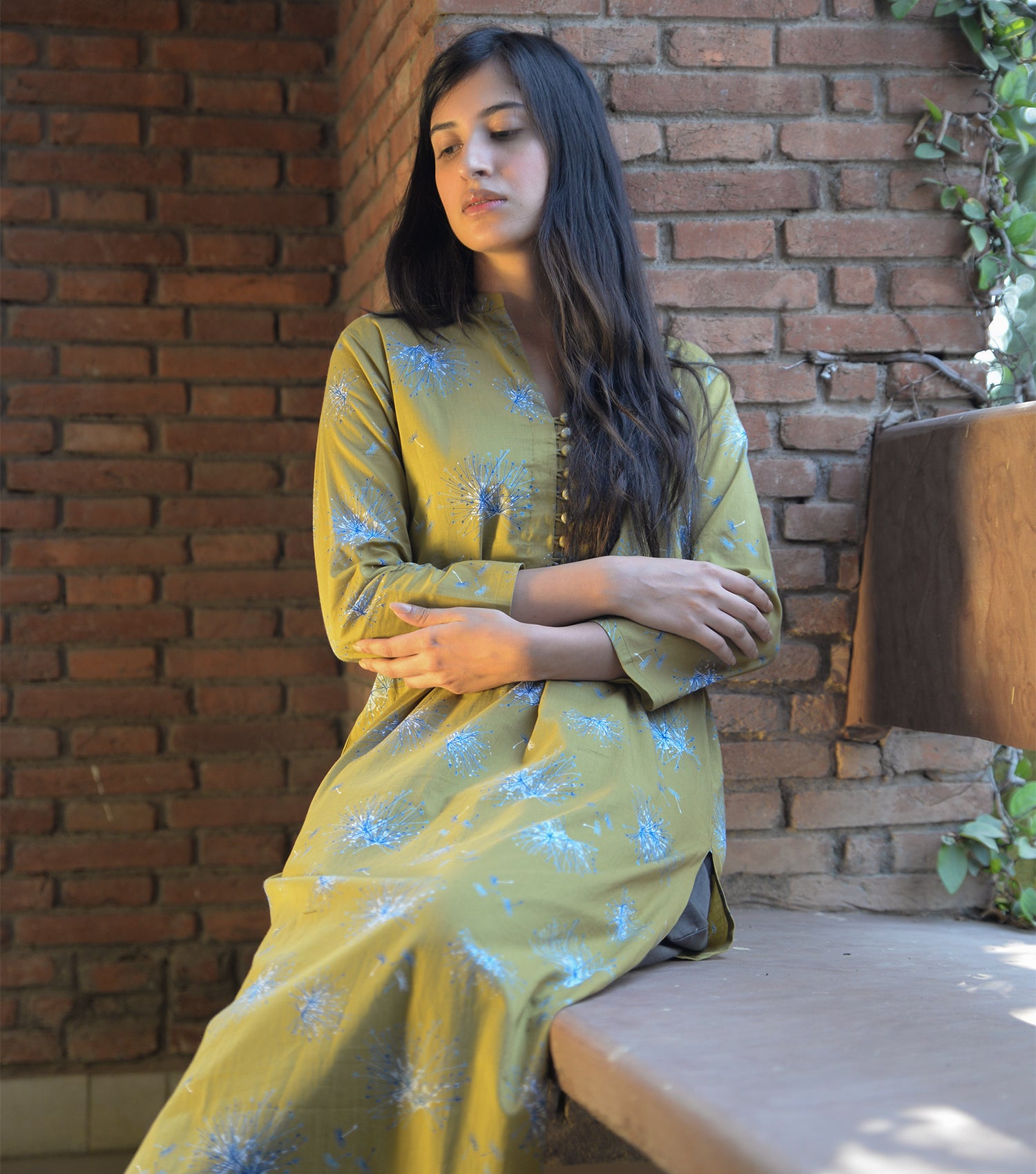 Mustard Printed Cotton Kurta