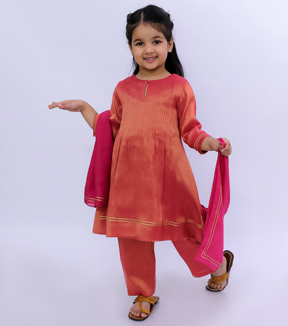 Coral Pleated Tissue A-line Gota Kurta Set with Pants & Dupatta for Girls