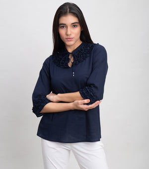 Navy Cotton Top with Ruffle Detail On Neck & Cuff Sleeve