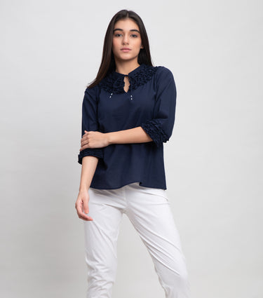 Navy Cotton Top with Ruffle Detail On Neck & Cuff Sleeve