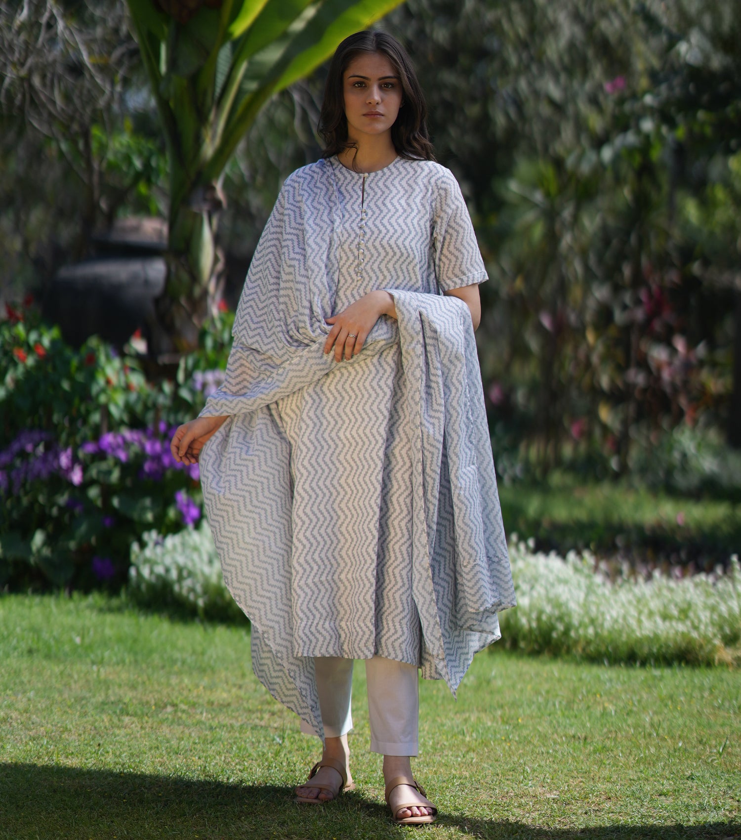 Grey White Printed Cotton Kurta with Pants and Dupatta Set of 3