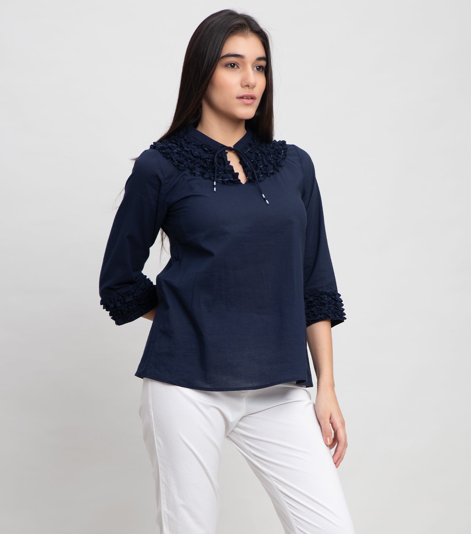 Navy Cotton Top with Ruffle Detail On Neck & Cuff Sleeve