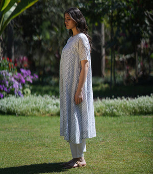 Grey White Printed Cotton Kurta with Pants and Dupatta Set of 3