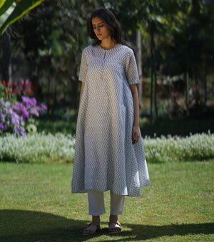 Grey White Printed Cotton Kurta with Pants and Dupatta Set of 3