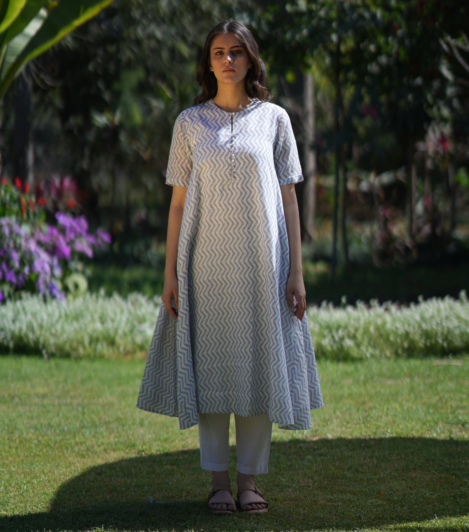 Grey White Printed Cotton Kurta with Pants and Dupatta Set of 3