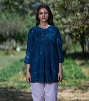 Blue Printed Cotton Silk Top