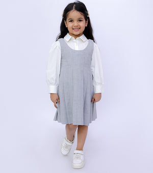 Grey Wool Pleated Dress with White Shirt Set