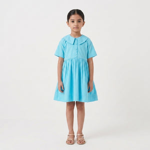 Sky Blue Poplin Collar Dress For Girls