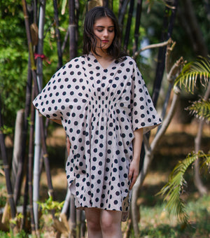 Ivory Black Polka Dot Printed Cotton Kaftan